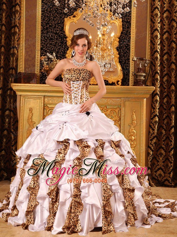 wholesale gorgeous ball gown strapless brush train taffeta and zara white quinceanera dress