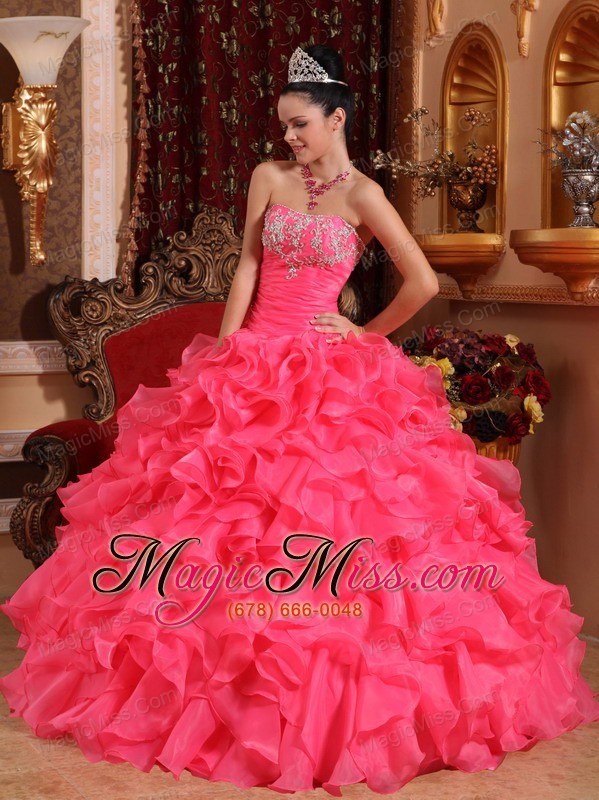 wholesale hot pink ball gown strapless floor-length organza beading and appliques quinceanera dress