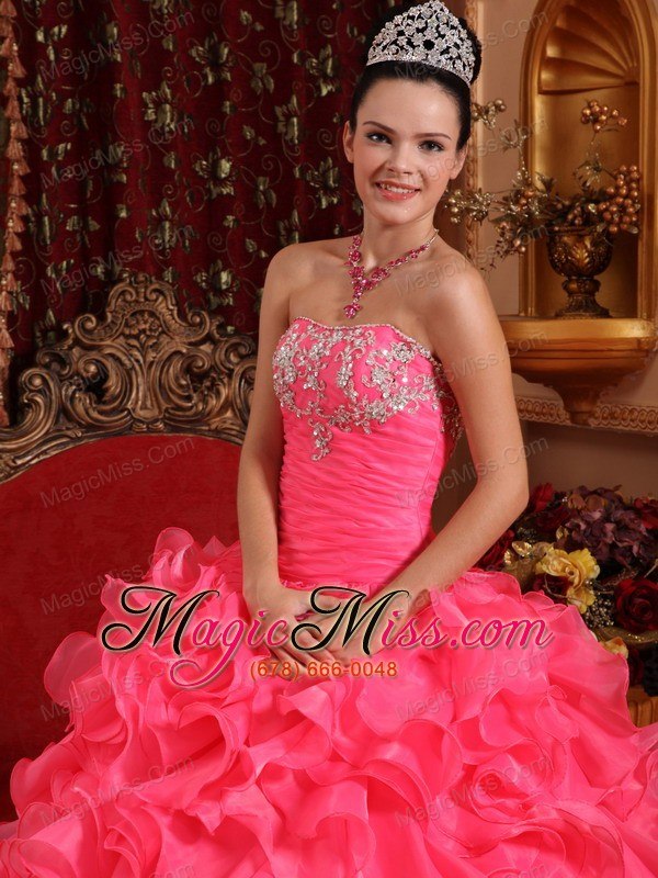 wholesale hot pink ball gown strapless floor-length organza beading and appliques quinceanera dress