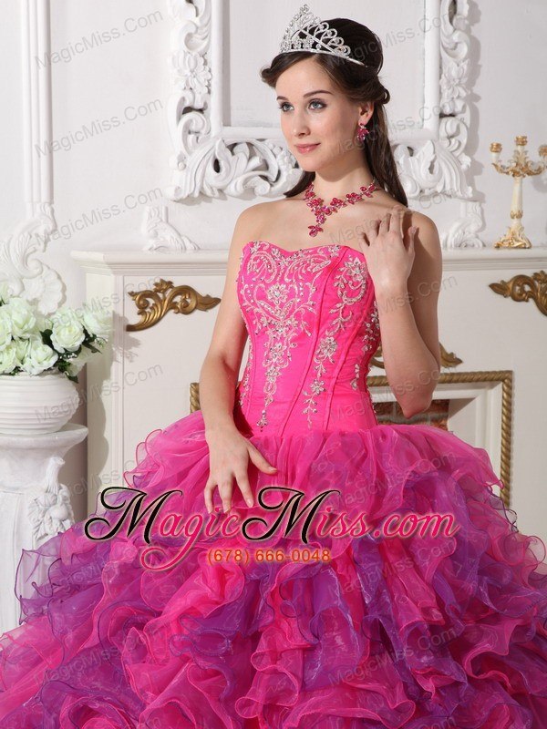 wholesale hot pink and purple ball gown sweetheart floor-length satin and organza embroidery quinceanera dress