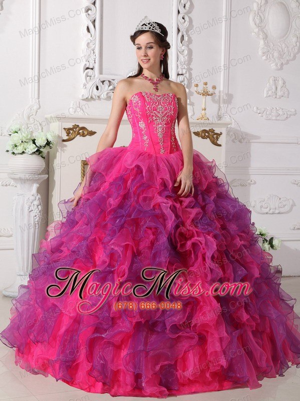 wholesale hot pink and purple ball gown sweetheart floor-length satin and organza embroidery quinceanera dress