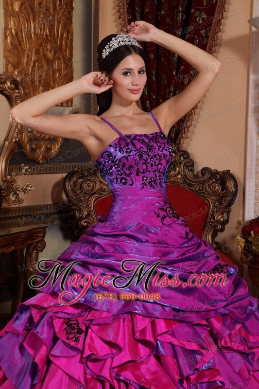 wholesale purple and fuchsia ball gown straps floor-length satin embroidery with beading quinceanera dress