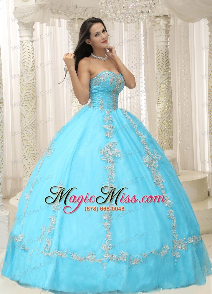 wholesale aqua blue sweetheart appliques and beaded decorate for 2013 quinceanera dress