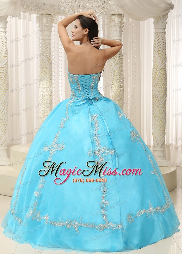 wholesale aqua blue sweetheart appliques and beaded decorate for 2013 quinceanera dress