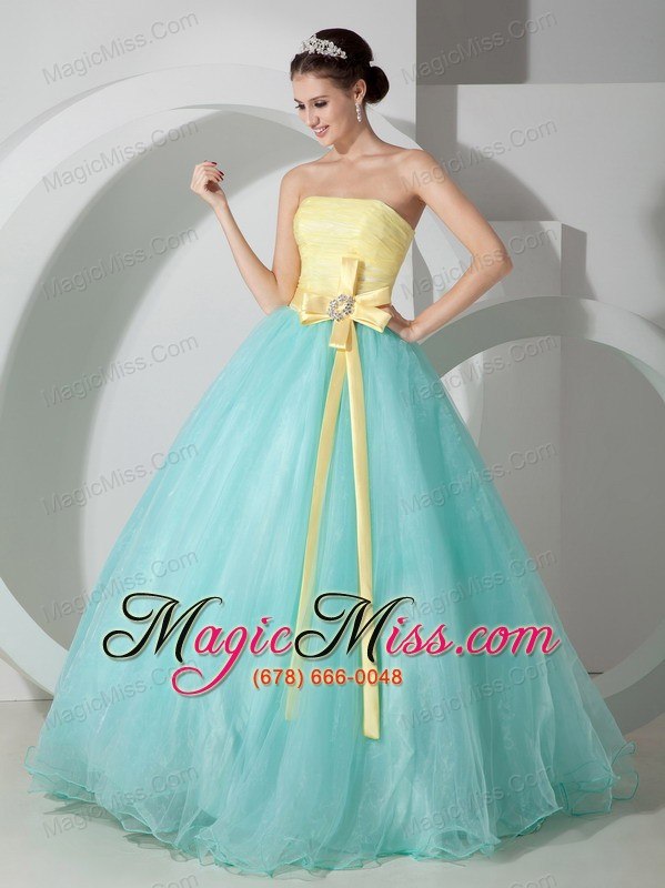 wholesale aqua blue and yellow ball gown strapless floor-length organza sash and ruch quinceanea dress
