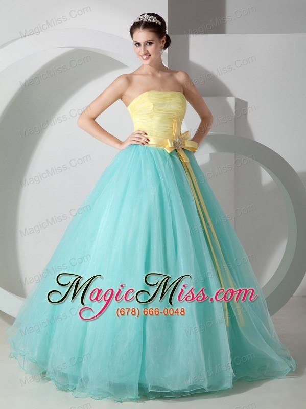 wholesale aqua blue and yellow ball gown strapless floor-length organza sash and ruch quinceanea dress