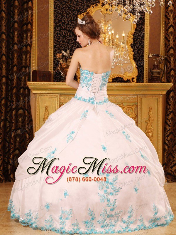 wholesale white ball gown sweetheart floor-length appliques taffeta quinceanera dress