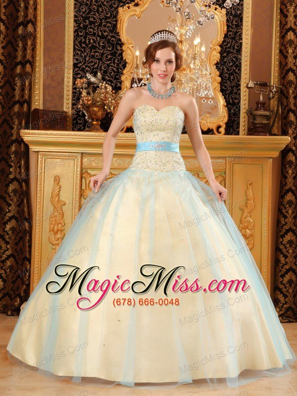 wholesale elegant a-line sweetheart floor-length beading satin and organza champagne quinceanera dress