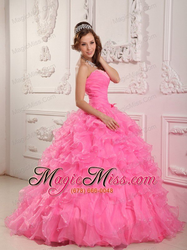 wholesale romantic ball gown sweetheart floor-length organza beading rose pink quinceanera dress