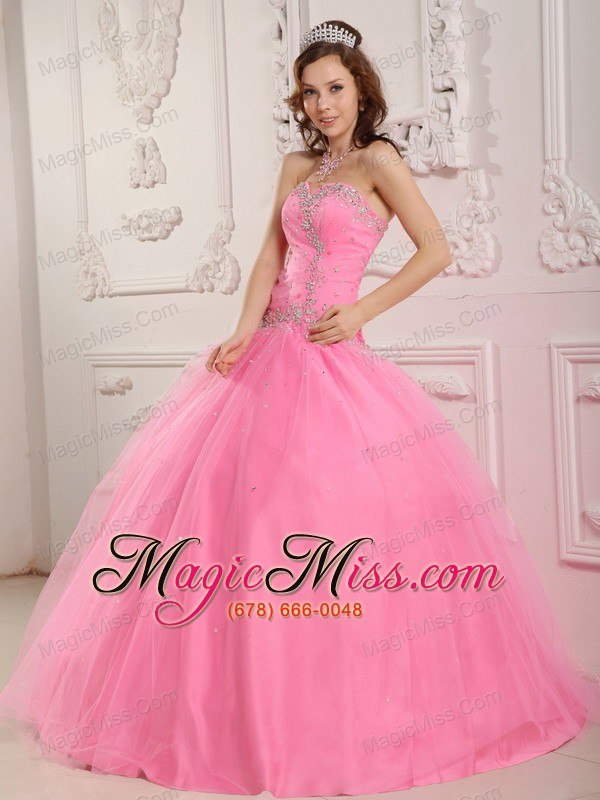 wholesale lovely ball gown sweetheart floor-length tulle appliques rose pink quinceanera dress
