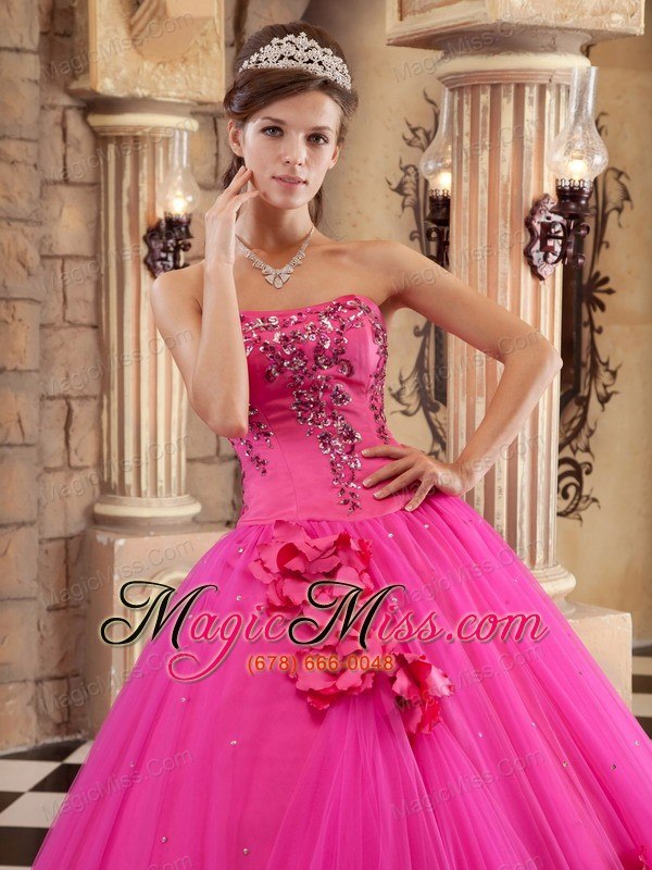 wholesale hot pink ball gown strapless floor-length satin and tulle beading quinceanera dress