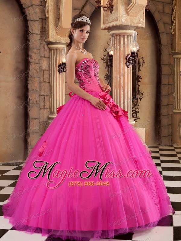 wholesale hot pink ball gown strapless floor-length satin and tulle beading quinceanera dress
