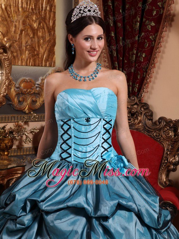 wholesale blue ball gown strapless floor-length taffeta hand made flower quinceanera dress
