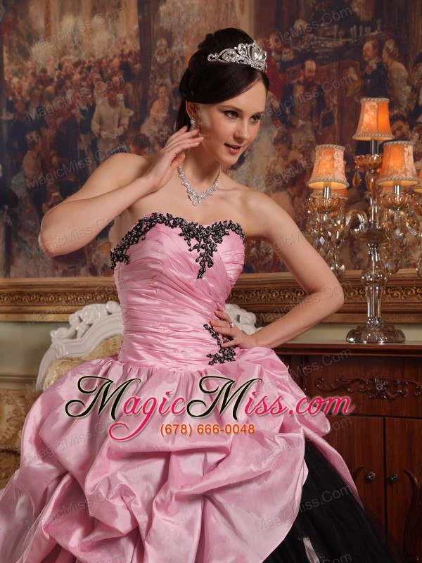 wholesale rose pink and black ball gown sweetheart floor-length hand flowers tulle and taffeta quinceanera dress