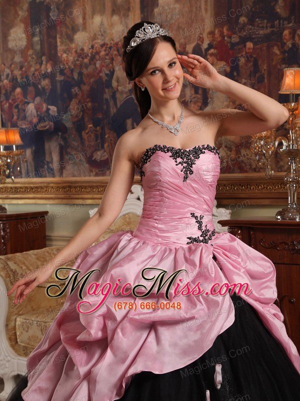 wholesale rose pink and black ball gown sweetheart floor-length hand flowers tulle and taffeta quinceanera dress