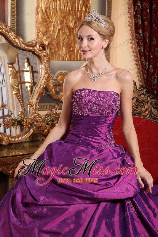 wholesale eggplant purple ball gown strapless floor-length taffeta beading and appliques quinceanera dress