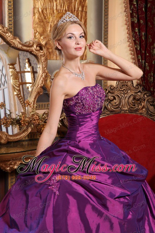 wholesale eggplant purple ball gown strapless floor-length taffeta beading and appliques quinceanera dress