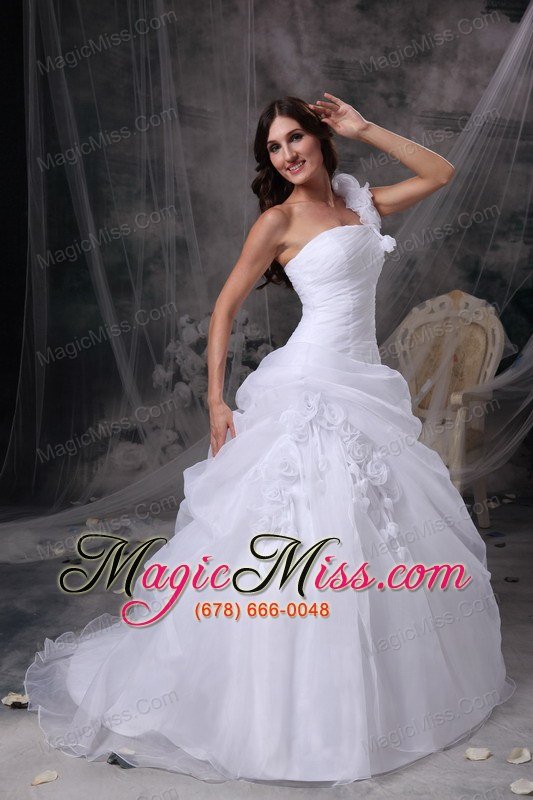 wholesale white a-line one shoulder floor-length organza hand made flowers and ruch quinceanera dress