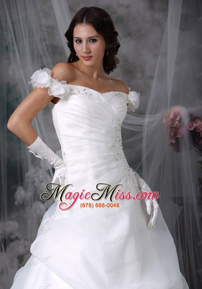 wholesale elegant a-line off the shoulder sweep train taffeta and organza appliques with beading wedding dress