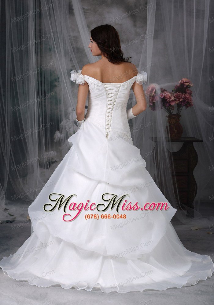 wholesale elegant a-line off the shoulder sweep train taffeta and organza appliques with beading wedding dress