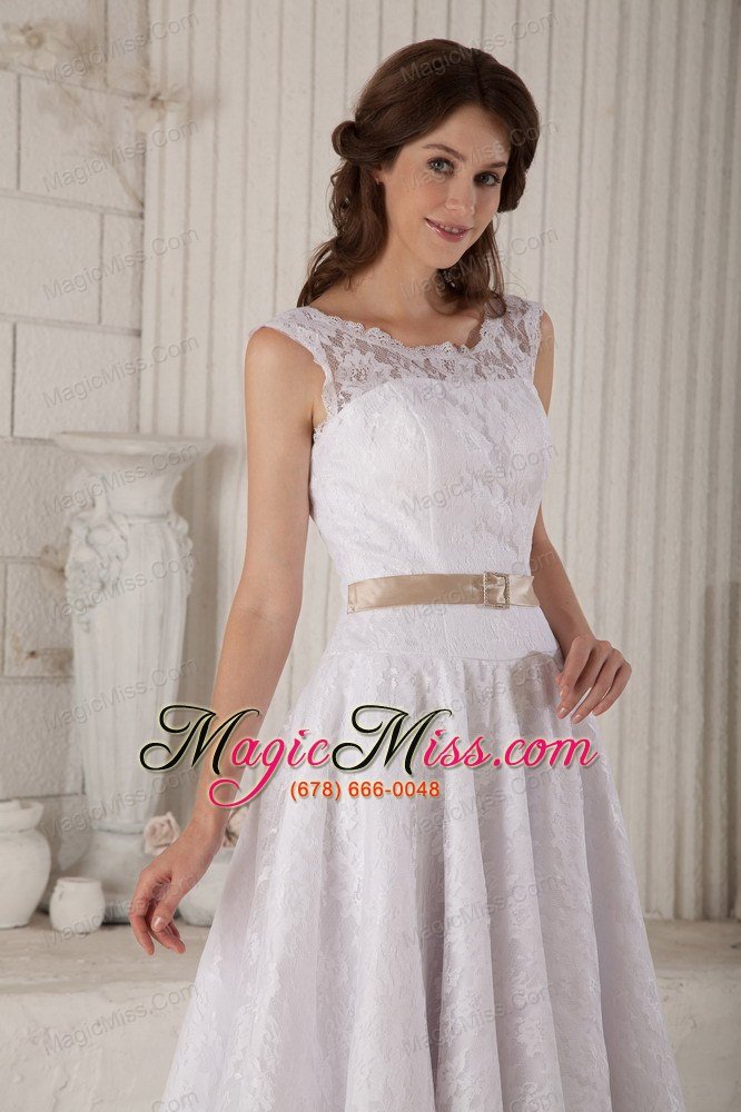 wholesale elegant a-line / princess scoop tea-length lace belt wedding dress
