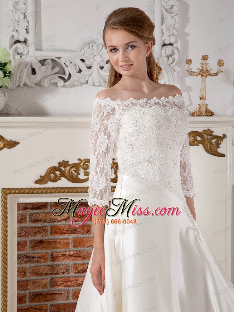 wholesale brand new a-line off the shoulder court train taffeta lace wedding dress