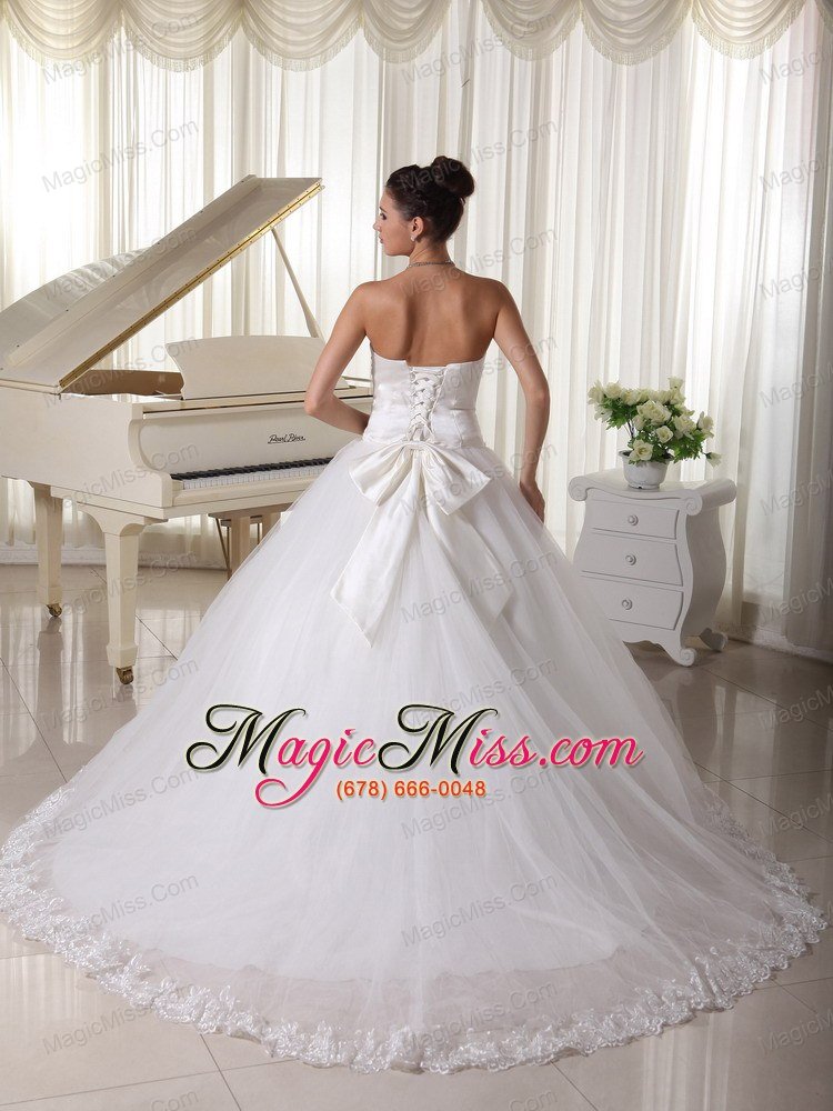 wholesale satin and tulle strapless beaded decorate up bodice wedding dress bridal gown with bowknot back sweep train