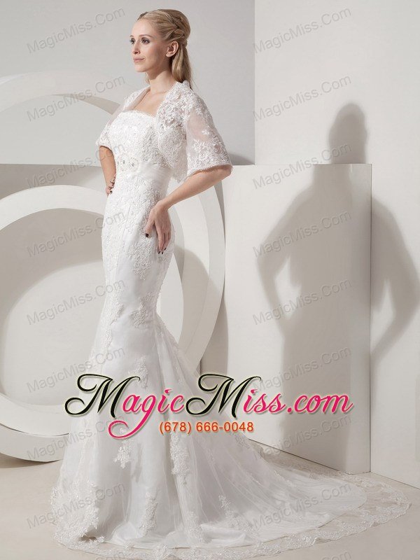 wholesale beautiful mermaid strapless chapel train lace and taffeta beading wedding dress