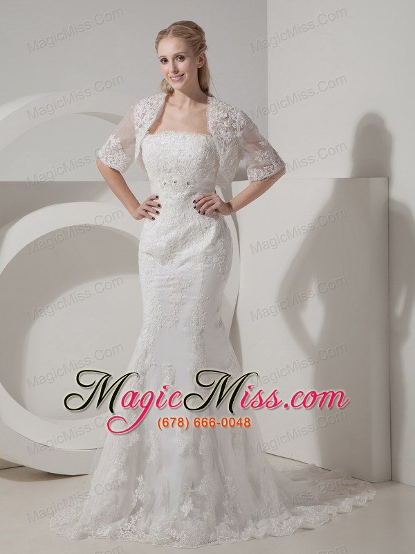 wholesale beautiful mermaid strapless chapel train lace and taffeta beading wedding dress