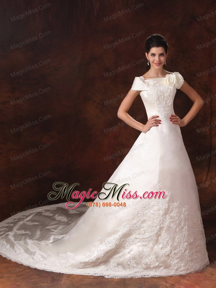 wholesale lace off the shoulder a-line elegant appliques customize cathedral train wedding dress