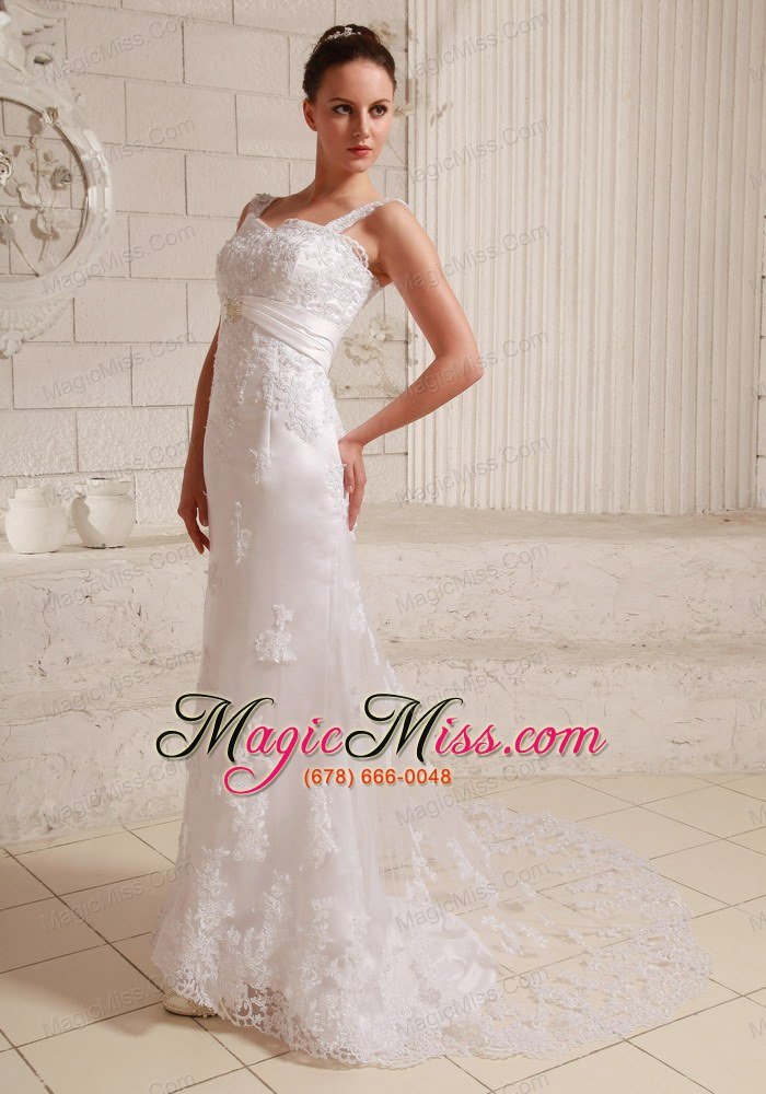 wholesale luxurious straps column lace and satin wedding dress with beading brush train