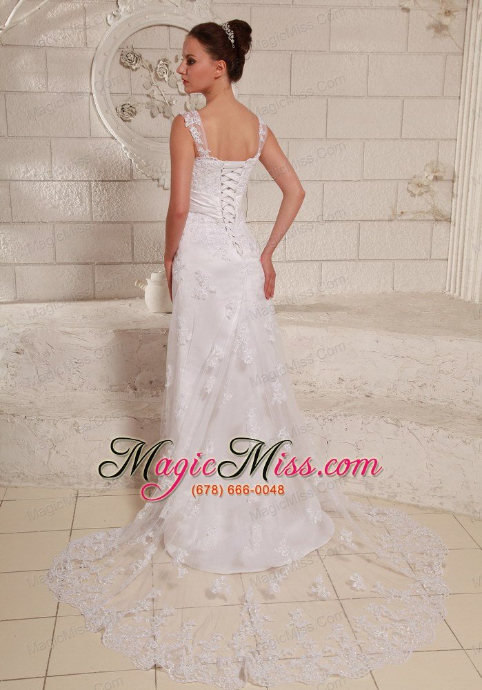 wholesale luxurious straps column lace and satin wedding dress with beading brush train