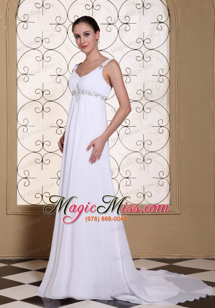 wholesale elegant white prom dress for 2013 v-neck beaded decorate bust chiffon brush train gown