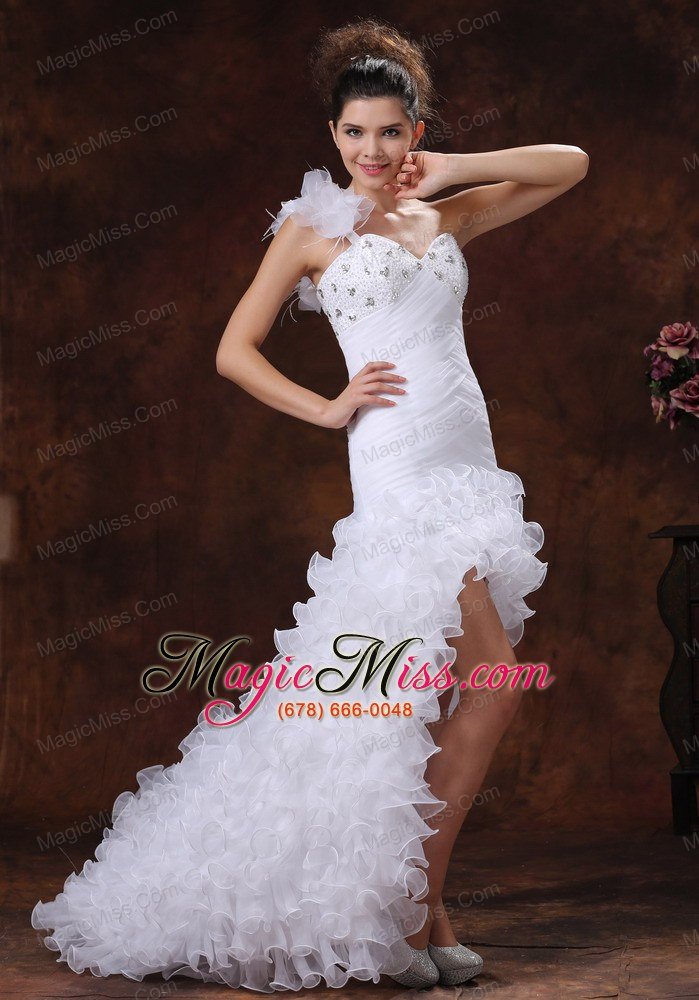 wholesale hith-low beaded decorate bust for 2013 wedding dress with ruched bodice and ruffles