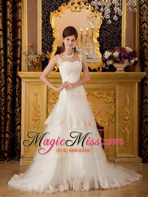 wholesale beautiful princess straps court train tulle lace and beading white wedding dress
