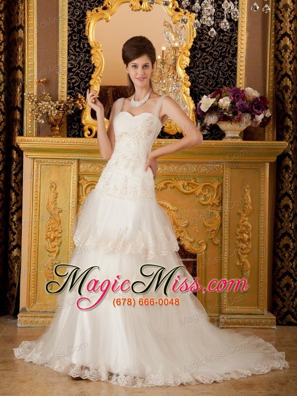 wholesale beautiful princess straps court train tulle lace and beading white wedding dress