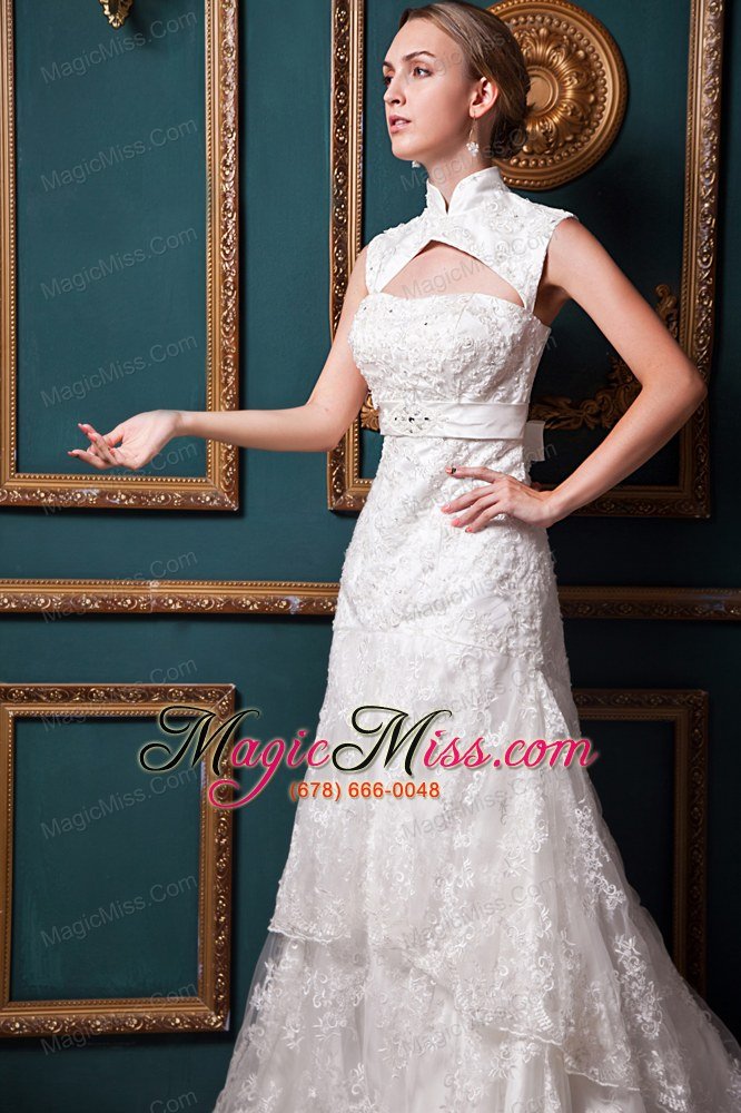 wholesale modest a-line high-low chapel train lace sash wedding dress