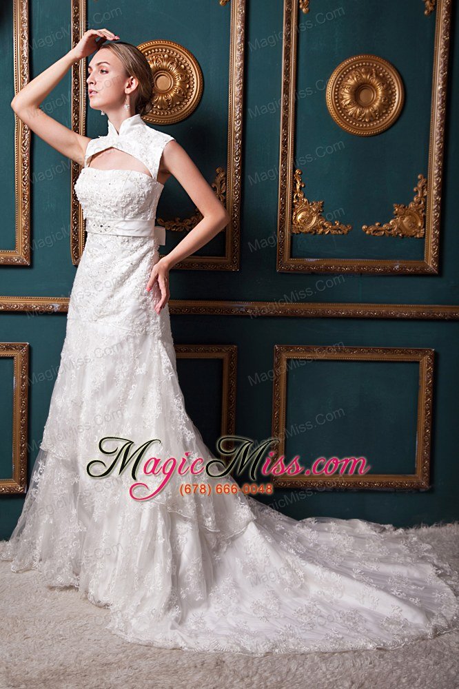 wholesale modest a-line high-low chapel train lace sash wedding dress