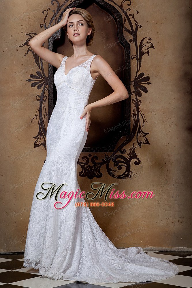 wholesale gorgeous column v-neck court train lace beading wedding dress