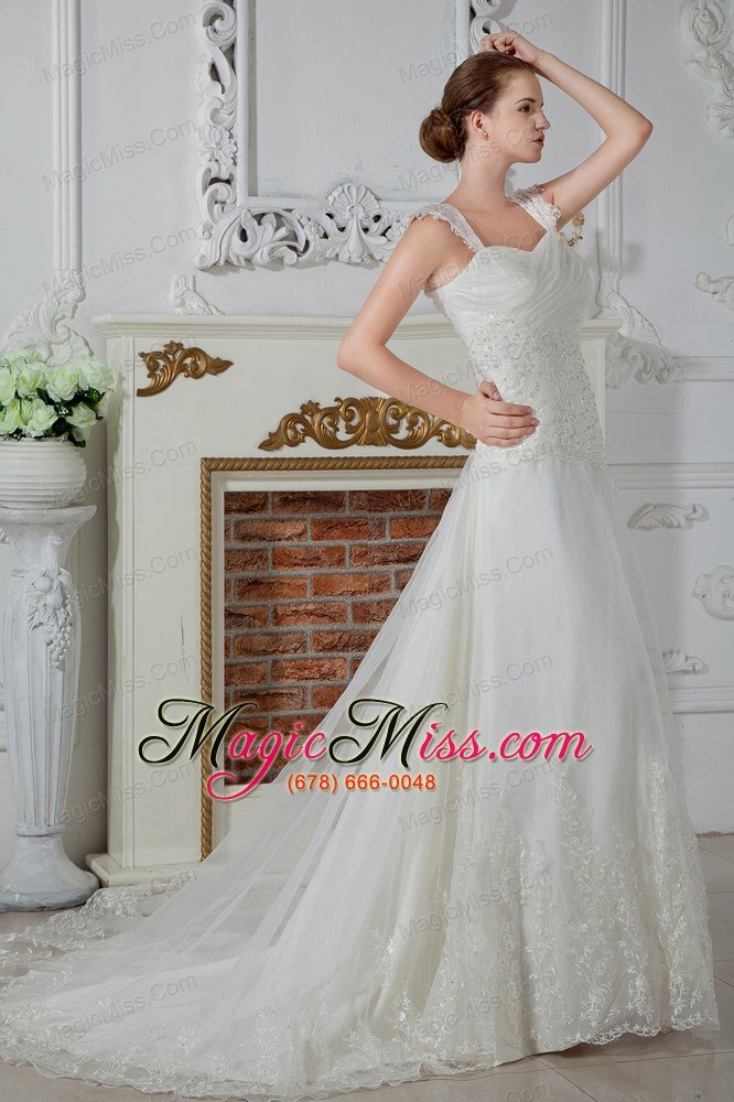 wholesale low price empire straps court train tulle appliques and lace wedding dress