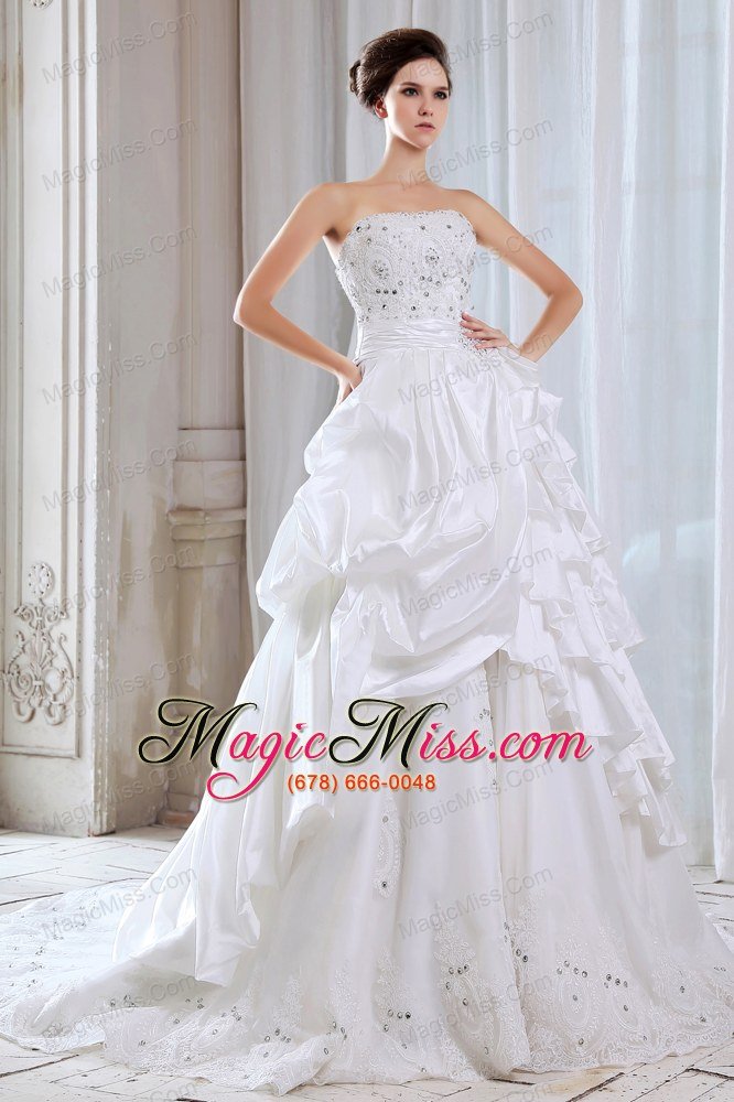wholesale elegant a-line strapless chapel traintaffeta lace and beading wedding dress