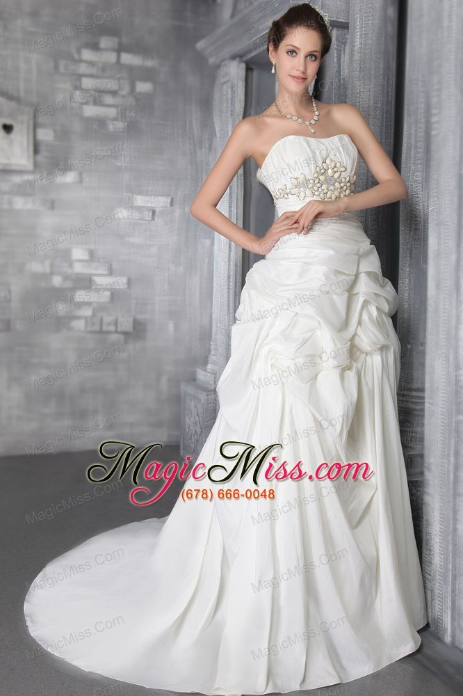 wholesale romantic column/sheath strapless court train taffeta beading wedding dress