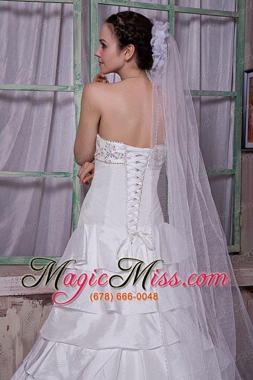 wholesale modest a-line strapless brush train taffeta appliques ruffled layers wedding dress