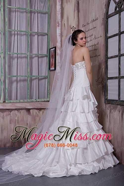 wholesale modest a-line strapless brush train taffeta appliques ruffled layers wedding dress