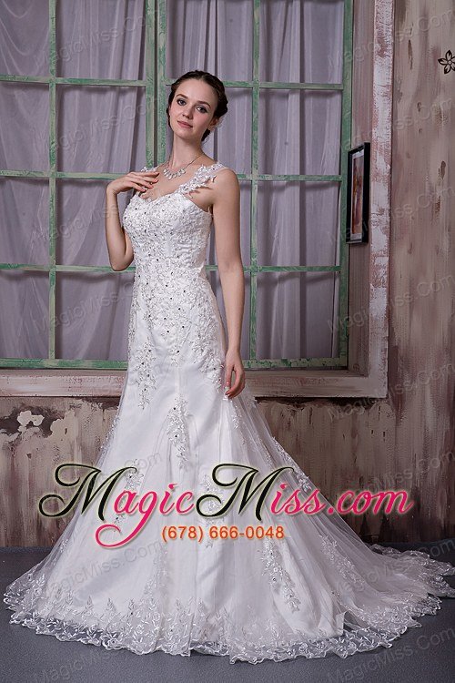 wholesale luxurious a-line straps court train taffeta and lace beading wedding dress