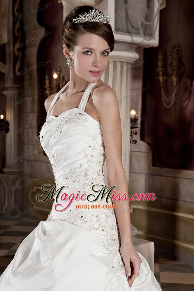 wholesale modest ball gown halter court train taffeta appliques with beading wedding dress