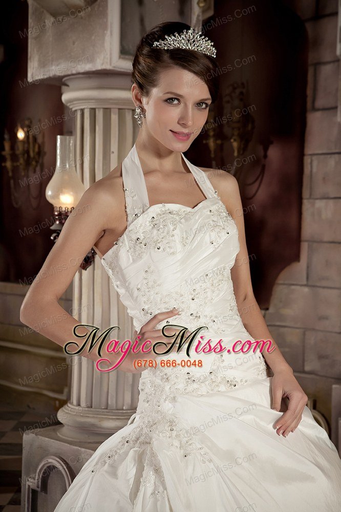 wholesale modest ball gown halter court train taffeta appliques with beading wedding dress