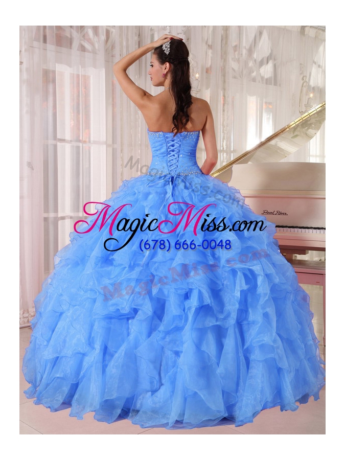 wholesale custom make ball gown strapless ruffles and beading floor-length organza beading blue quinceanera dress