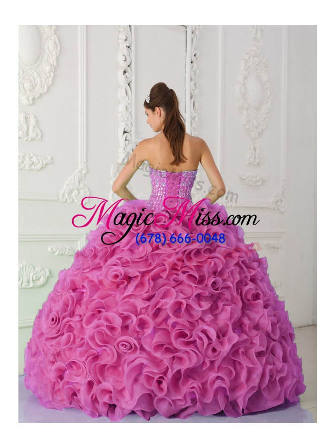 wholesale custom make ball gown strapless organza beaded hot pink quinceanera dress