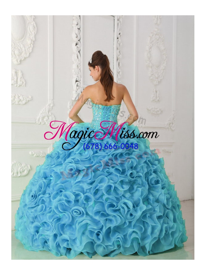 wholesale organza ball gown strapless beading blue sweet fifteen dresses with ruffles